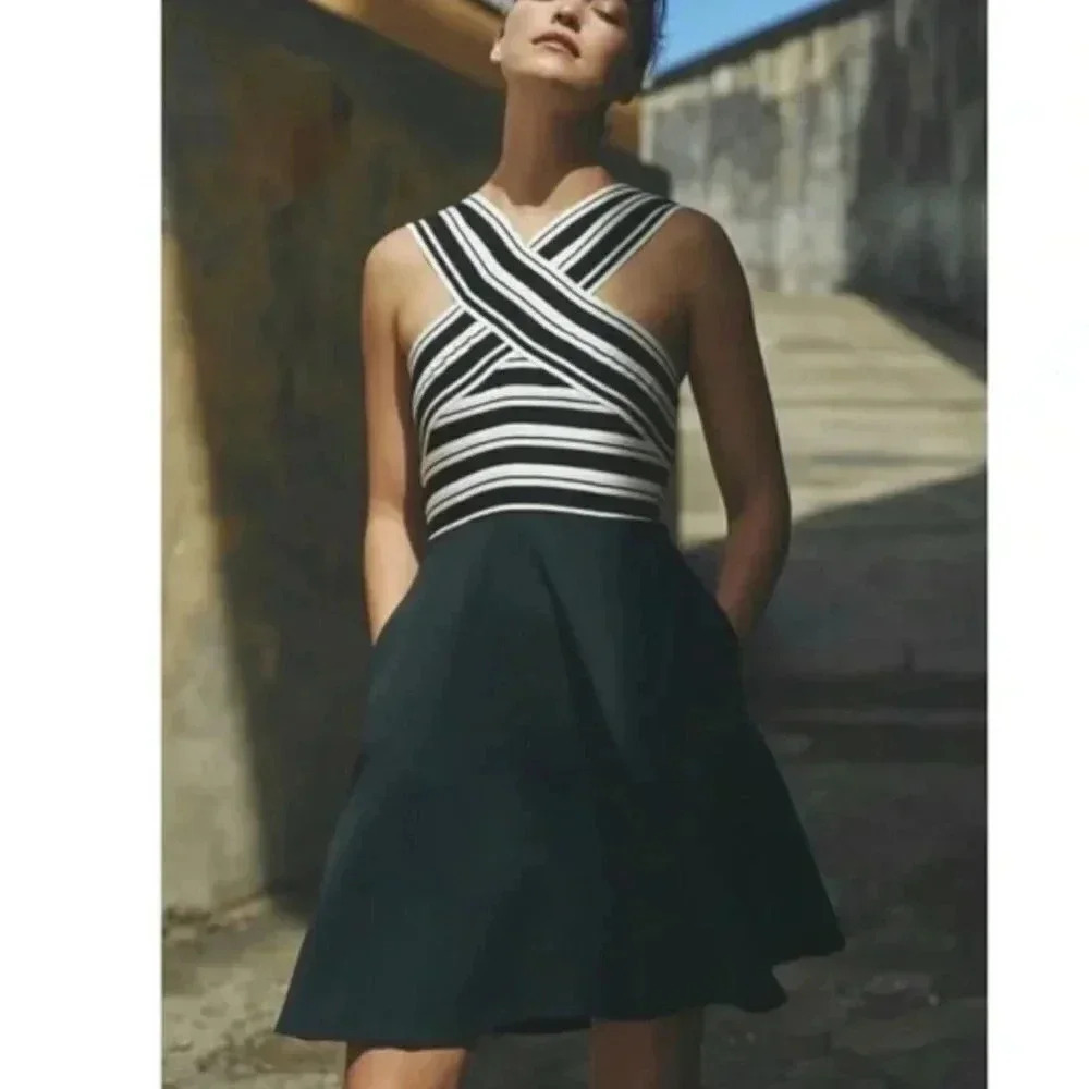 Anthropologie Maeve Crosswise Flare Striped Bandage Black White Dress Size 4 - Picture 2 of 7